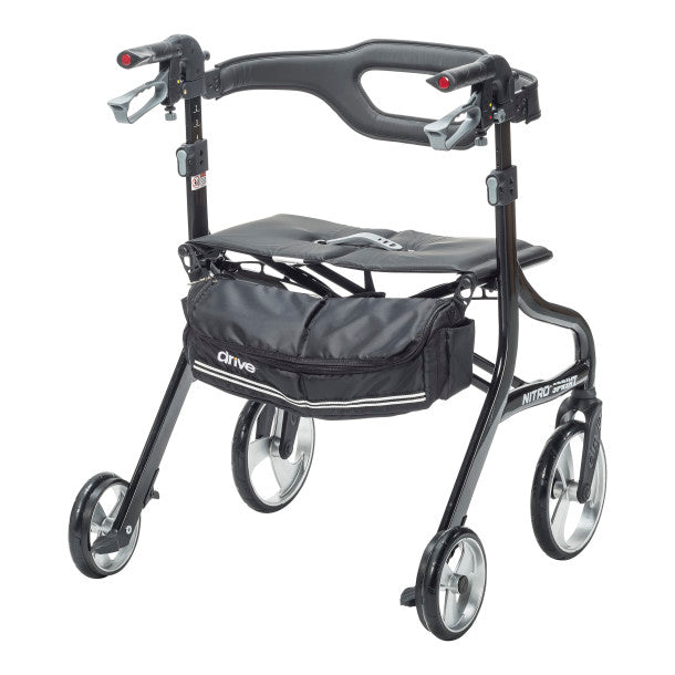 Black rollator with a seat on a white background
