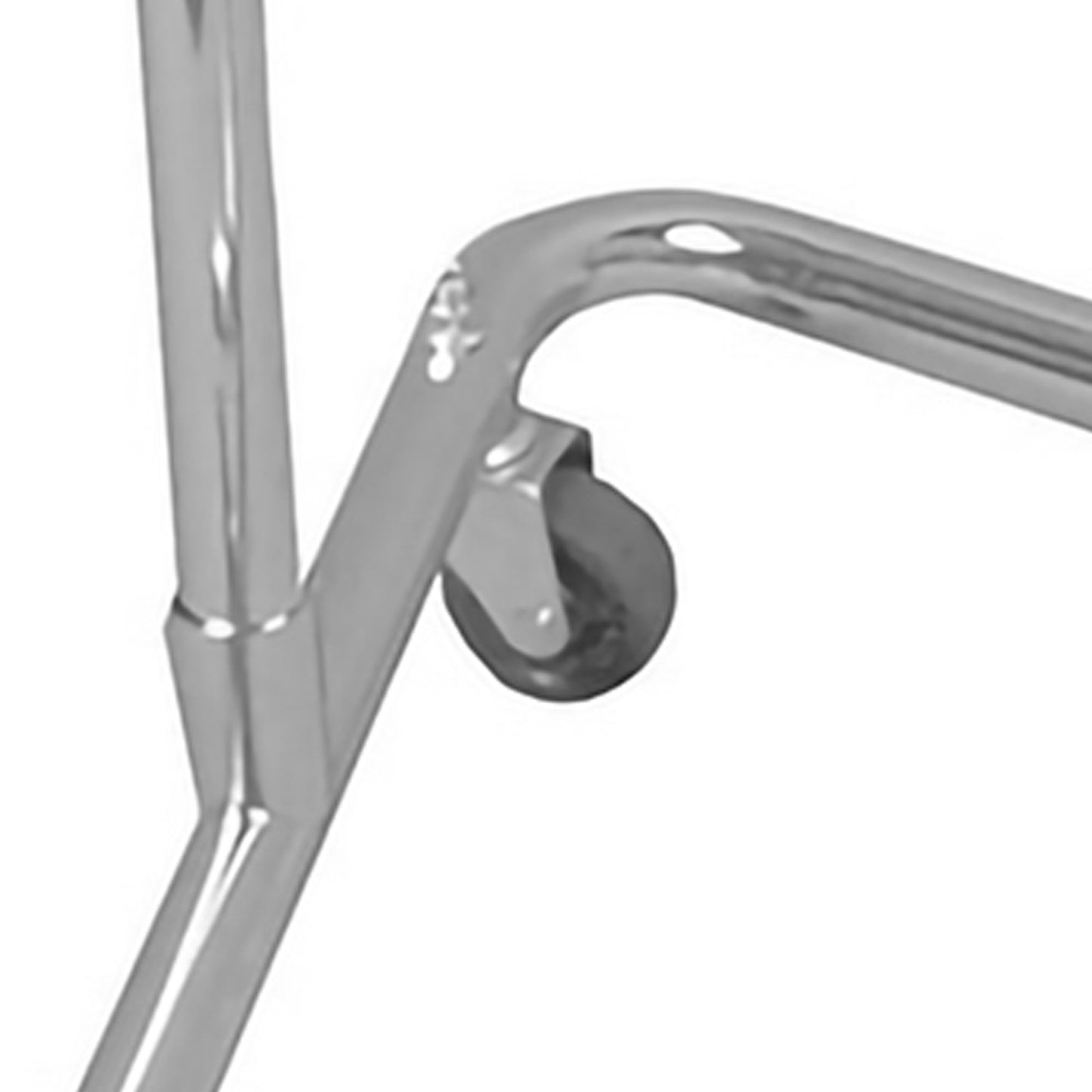 Close-up of a metal frame with a wheel on a white background