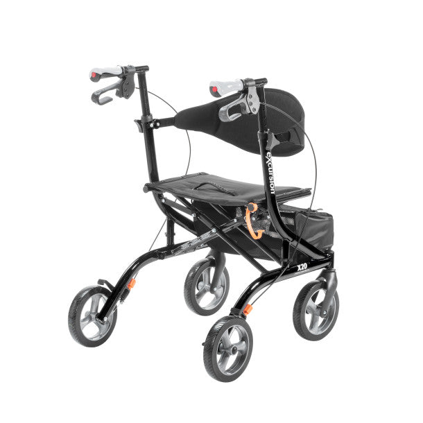 Black rollator with four wheels on a white background