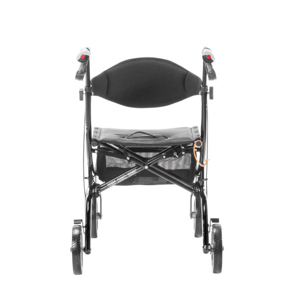 Black and gray walker with seat on a white background