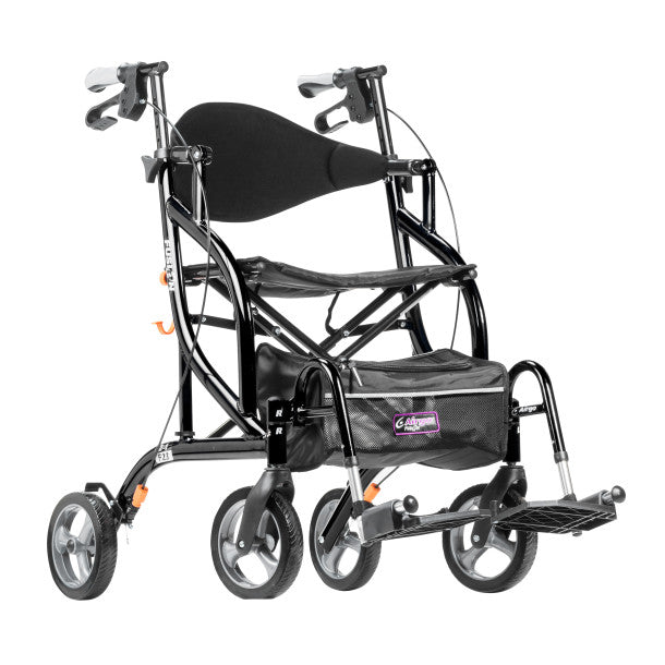 Black wheelchair with seat and footrest on a white background