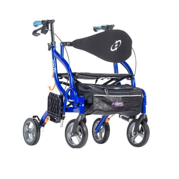 Blue and black mobility scooter with a bag on a white background