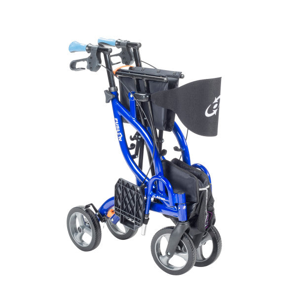 Blue walker with black bag on a white background