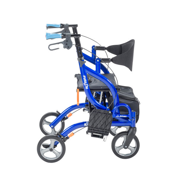 Blue and black wheelchair with attached walker on a white background