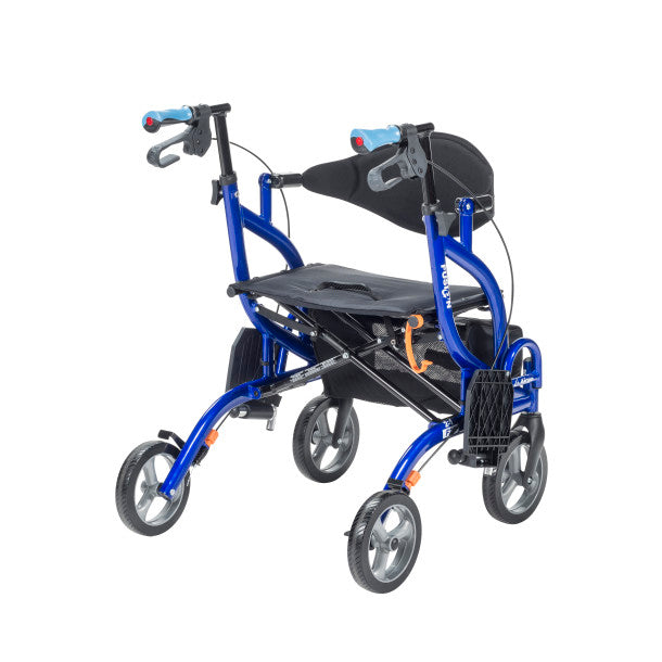 Blue and black rollator on a white background