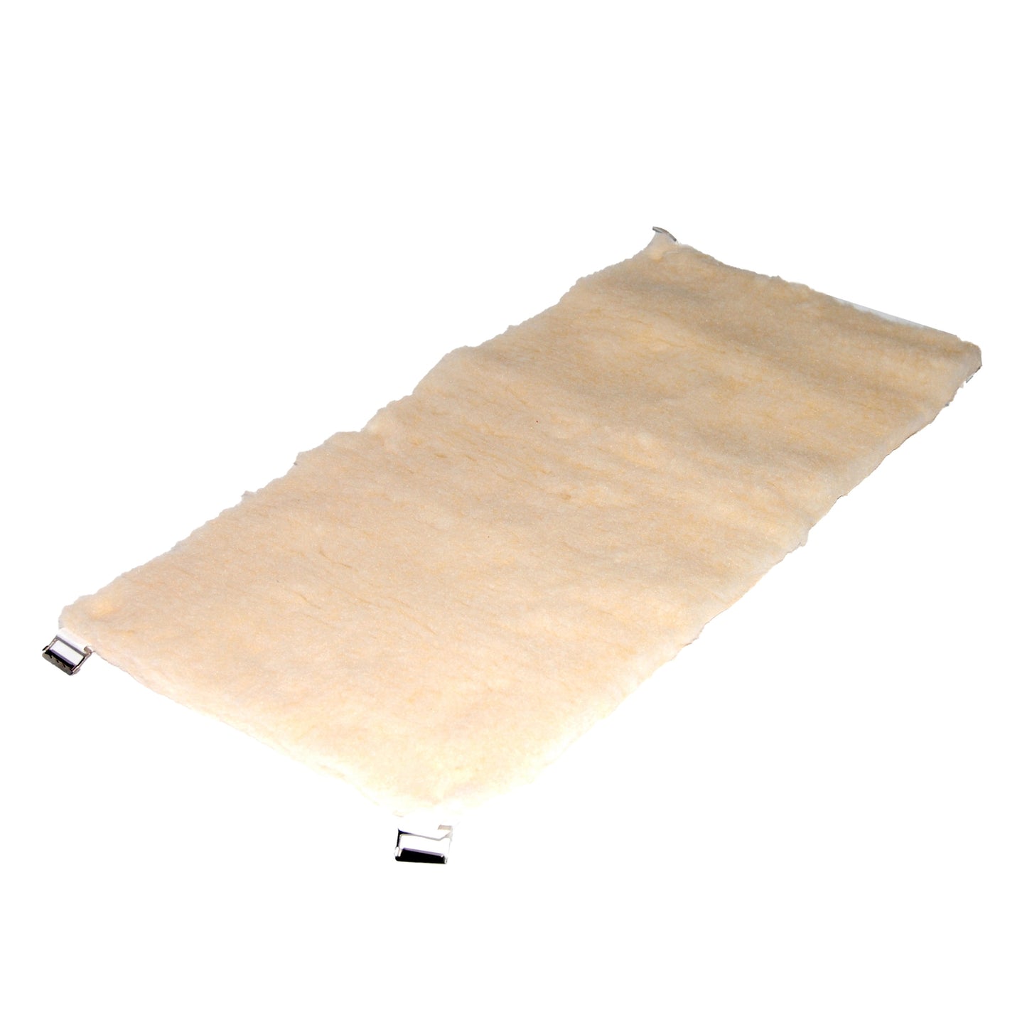 Rectangular sheepskin with metal clips on a white background