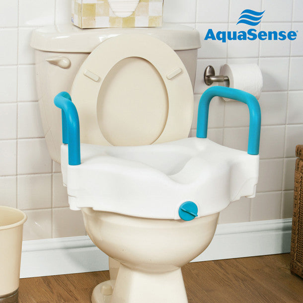 Toilet seat with a raised platform and blue handles on a toilet, branded 'AquaSense'.