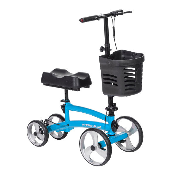 Blue knee walker with a black seat and basket on a white background