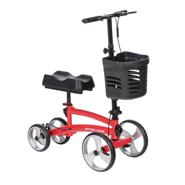 Red knee walker with a black seat and basket on a white background
