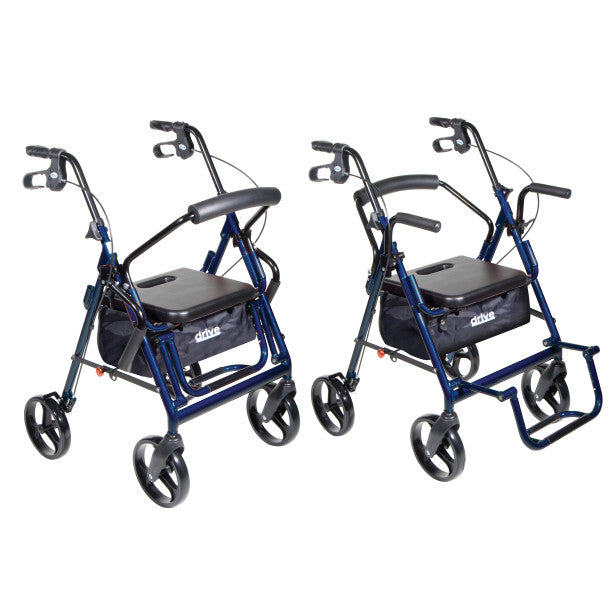 Two blue rollators with seats on a white background
