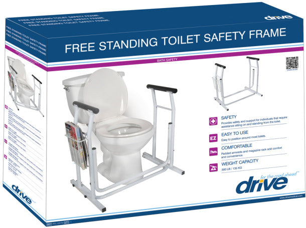 Box of a free-standing toilet safety frame with product details on a white background