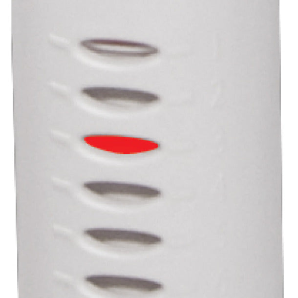 Close-up of a white electronic device with a red light indicator on a white background