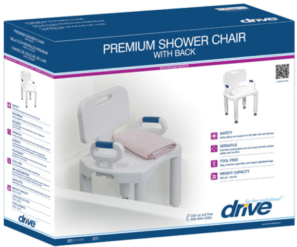 Box of a premium shower chair with back, featuring the brand 'drive'.