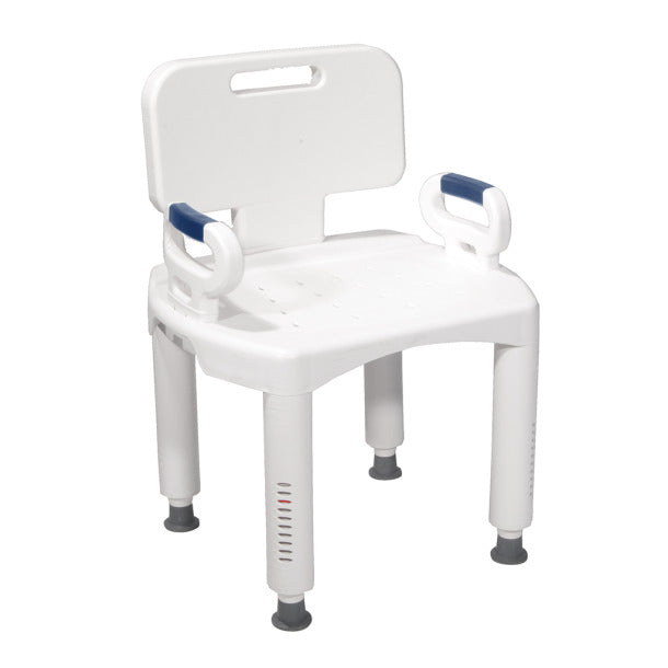 White shower chair with blue armrests and footrest on a white background