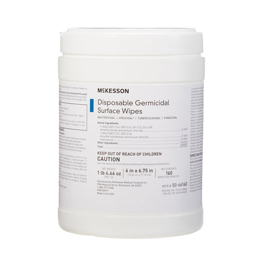 McKesson disposable germicidal surface wipes container on a white background