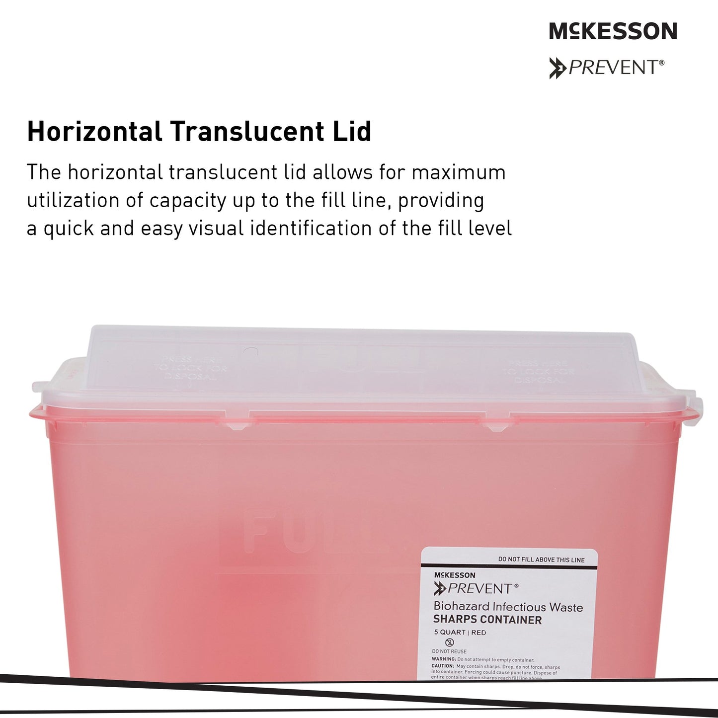 Biohazard sharps container with horizontal translucent lid on a white background, featuring McKesson branding.