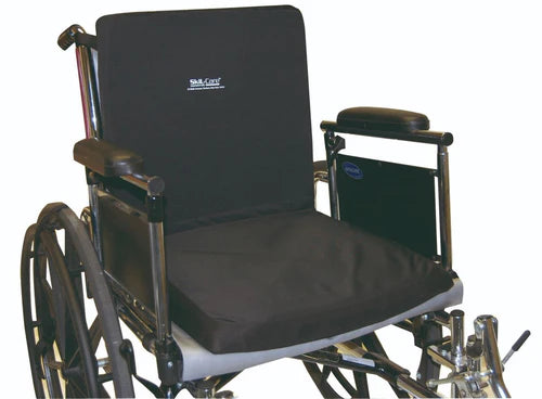 Wheelchair with a black seat cushion on a white background