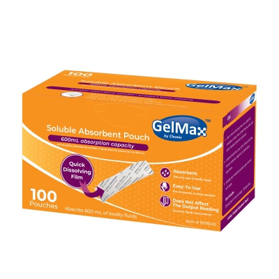 Box of GelMax soluble absorbent pouches on a white background