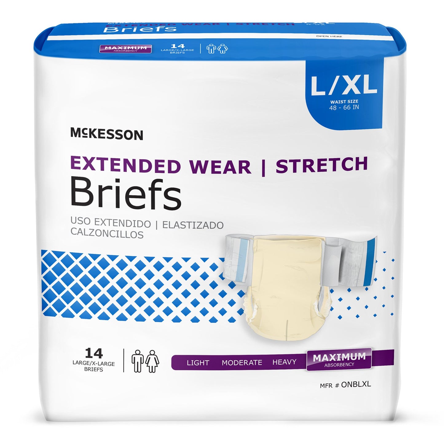 Package of McKesson extended wear stretch briefs on a white background