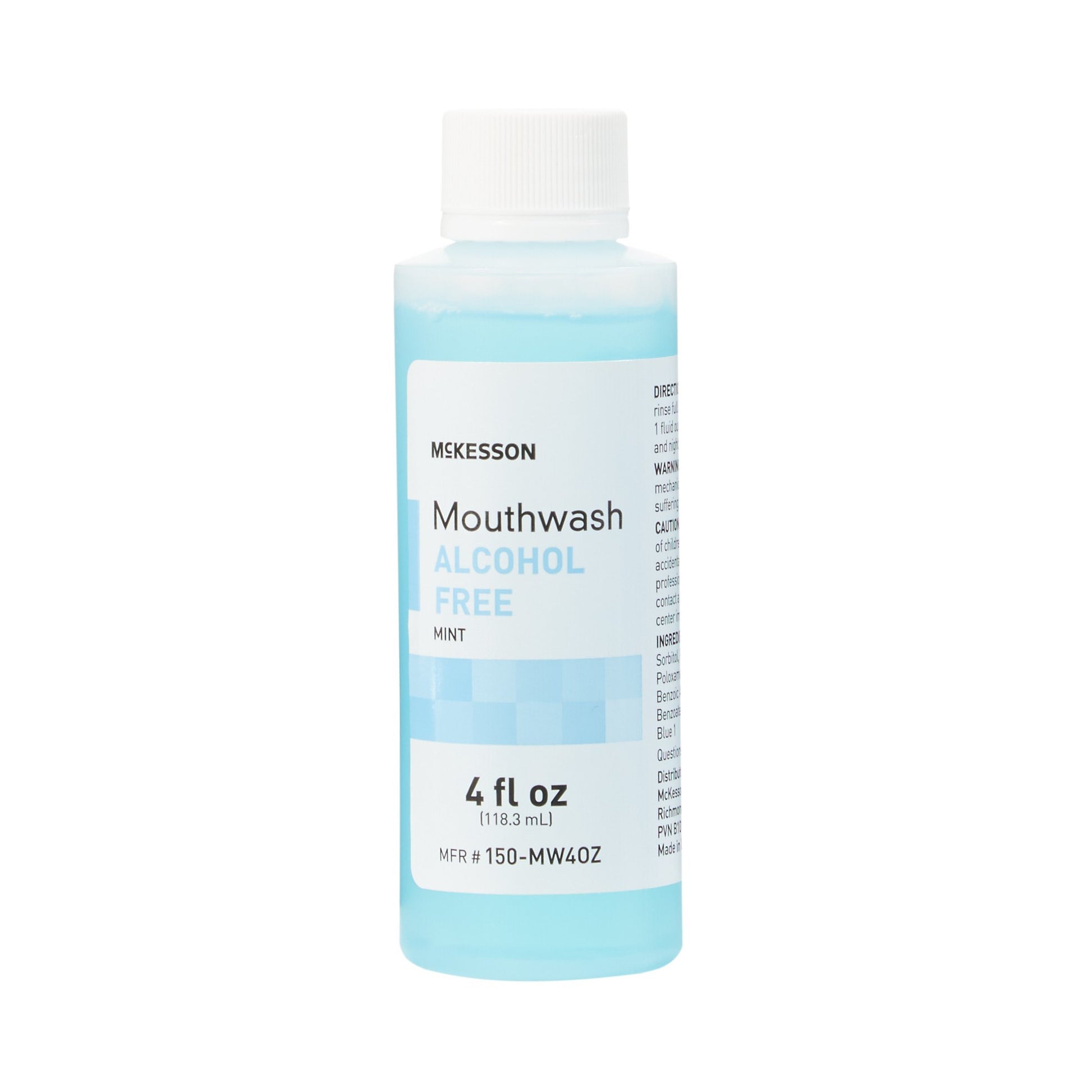 Mckesson mouthwash bottle with blue liquid on a white background