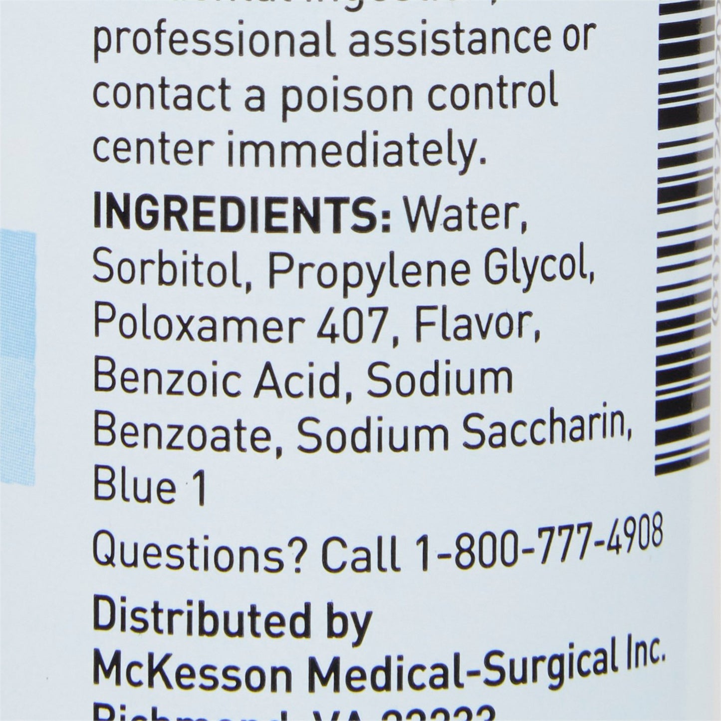 Ingredients list on a medical product label with contact information.