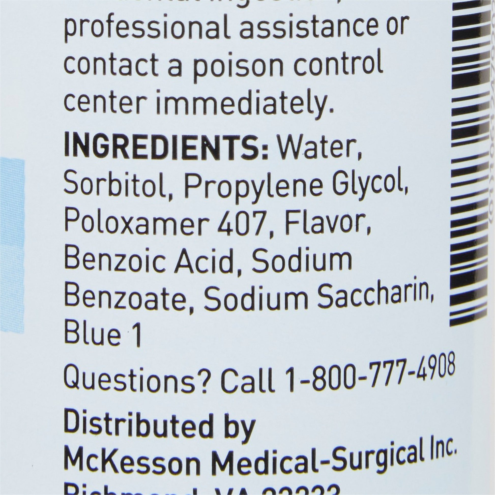 Ingredients list on a medical product label with contact information.