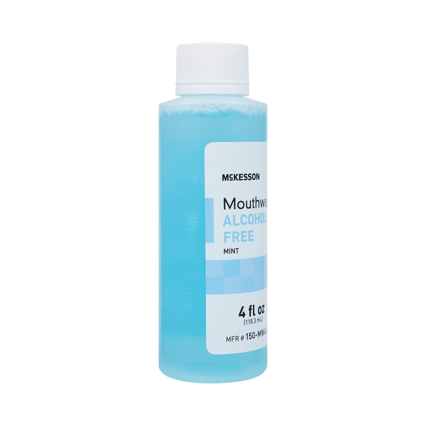 Bottle of McKesson mouthwash on a white background