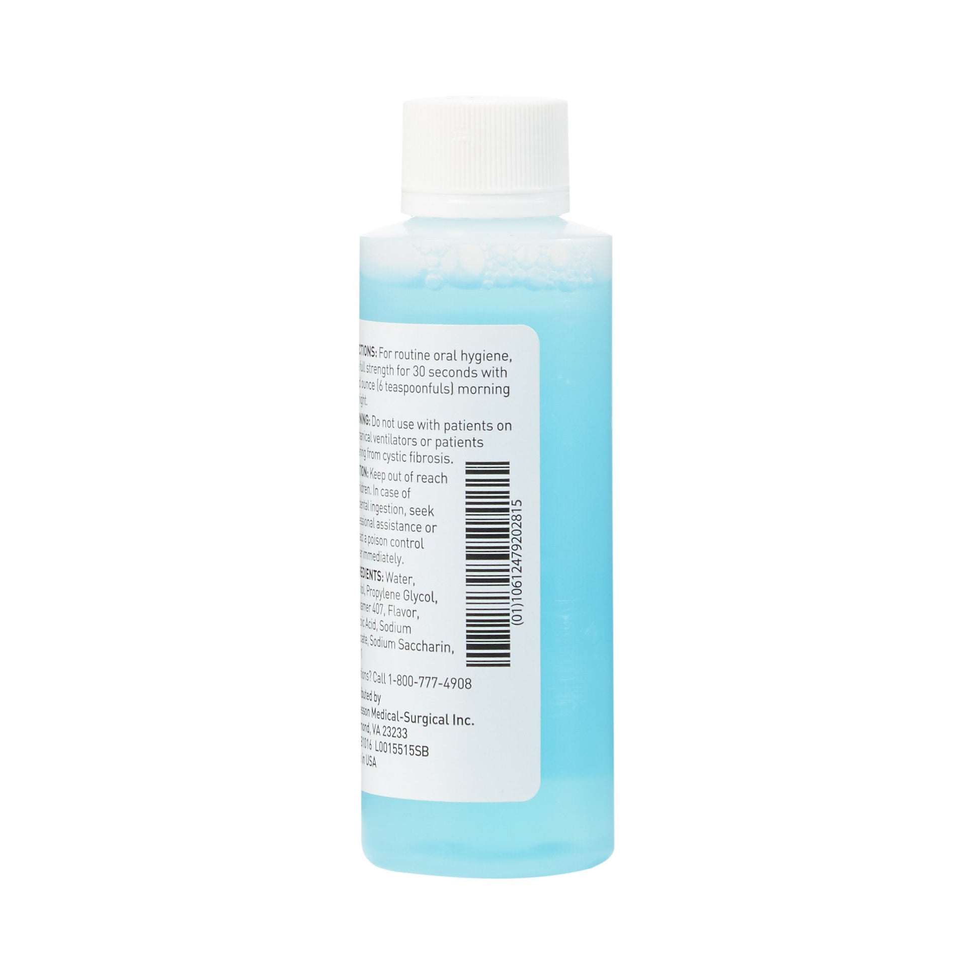 Bottle of mouthwash with label and barcode on a white background