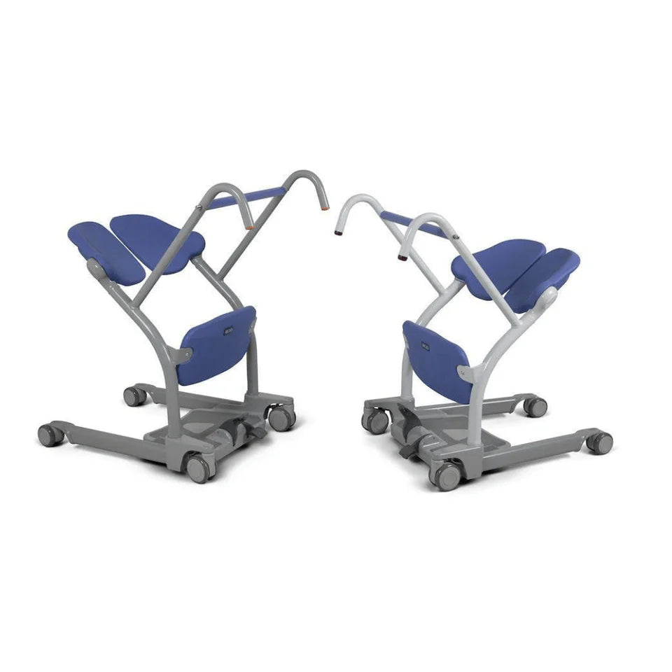 Two blue and gray medical lift chairs on a white background