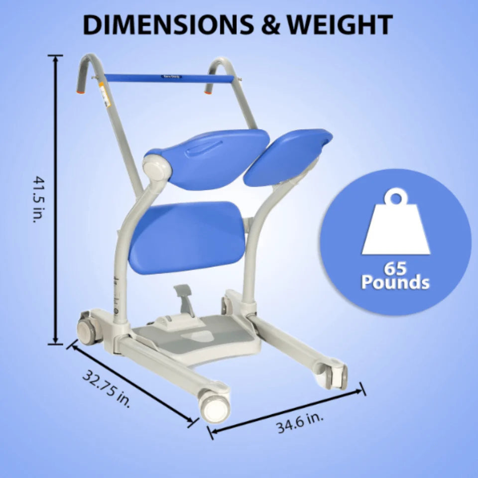 Physical therapy device with dimensions and weight information on a blue background