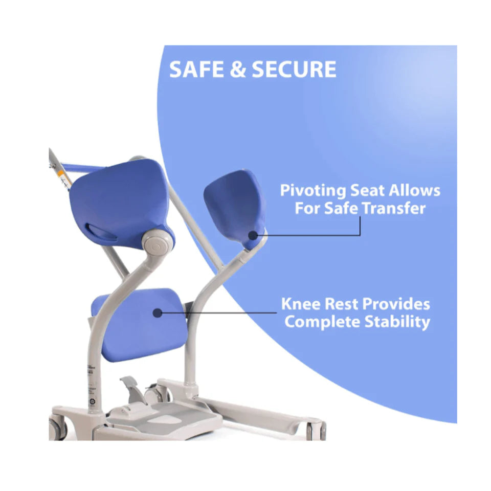 Medical device with blue seats and knee rest, labeled 'Safe & Secure' on a white background.