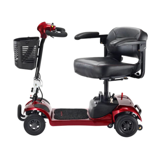 Red and black mobility scooter with a basket on a white background