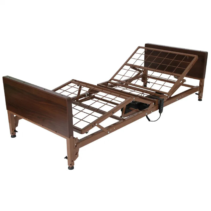 Brown adjustable bed with metal frame on a white background