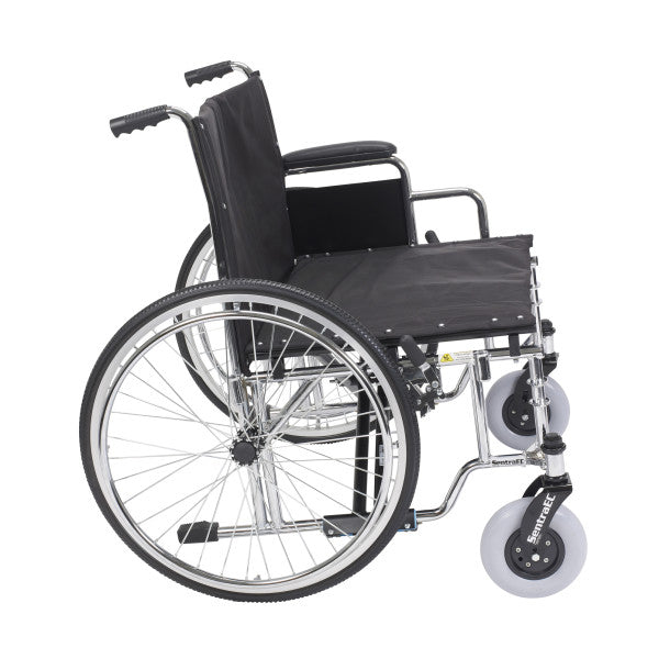 Wheelchair with black seat and silver frame on a white background