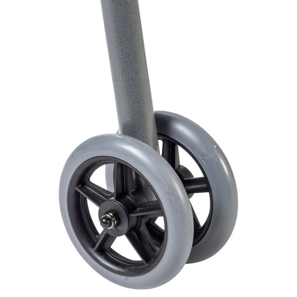 Close-up of a gray wheel and axle on a white background