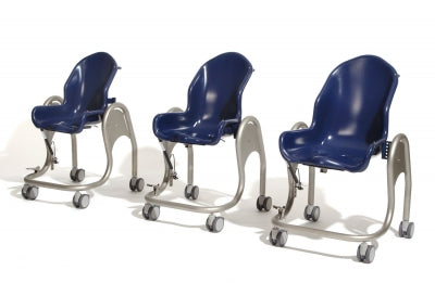 Set of four blue chairs with metal frames on a white background