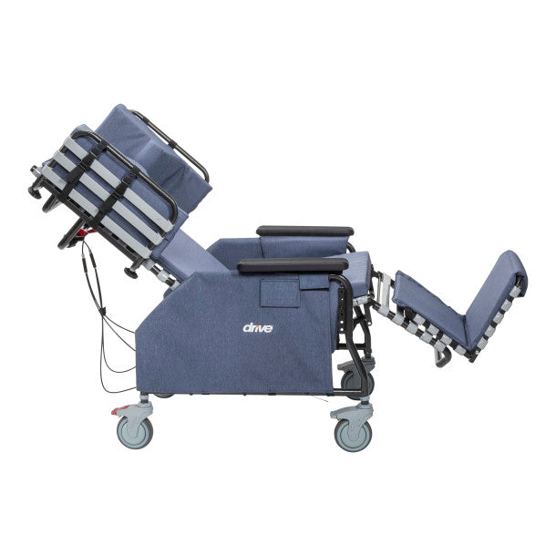 Blue recliner with wheels on a white background
