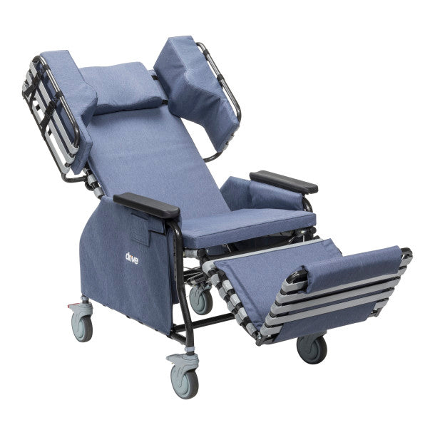 Blue recliner chair with wheels on a white background
