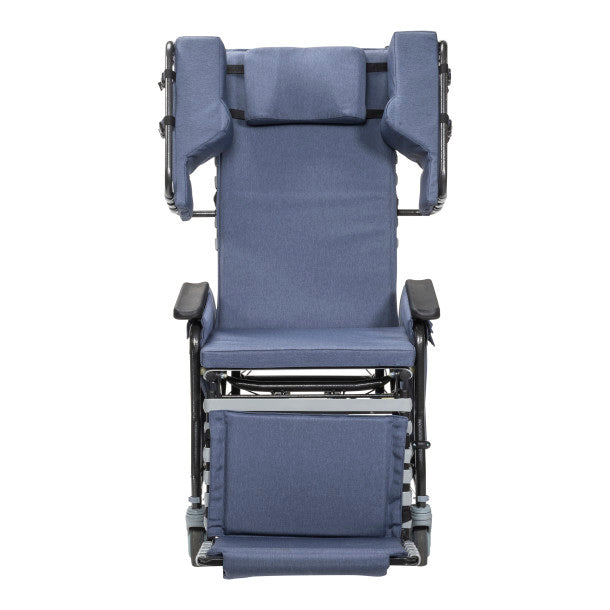 Blue wheelchair with reclined position on a white background