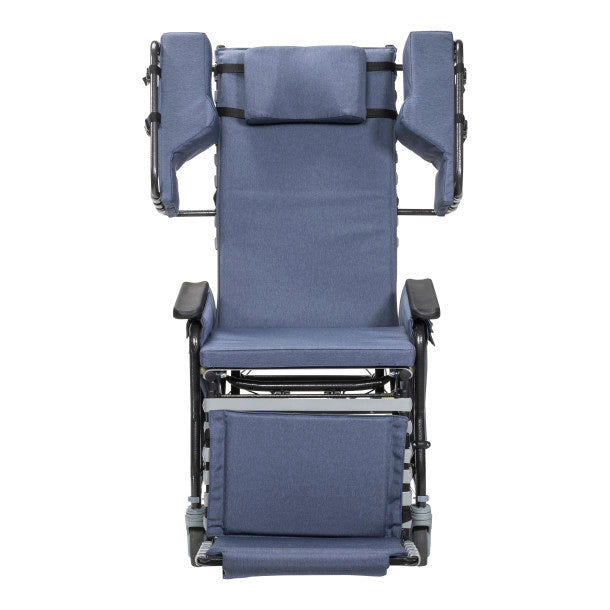 Blue wheelchair with reclined position on a white background