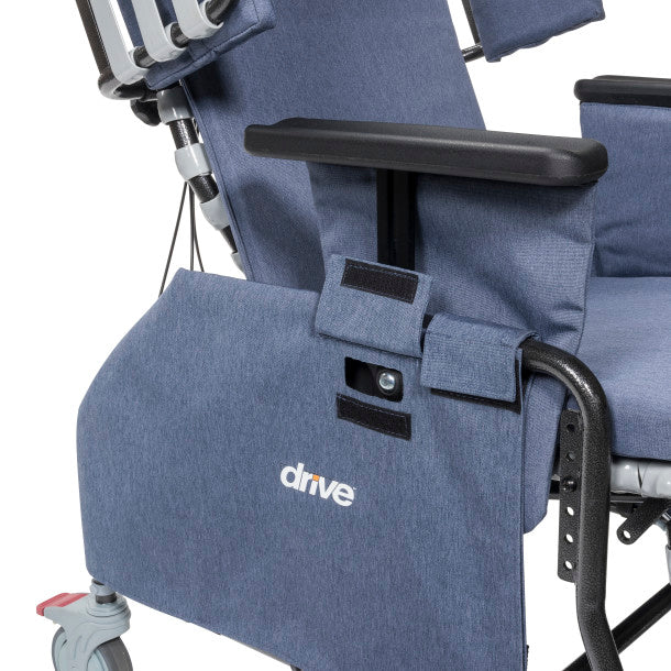Blue wheelchair with armrest and 'drive' logo on a white background