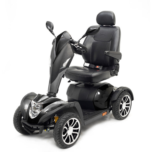 Black three-wheeled mobility scooter on a white background
