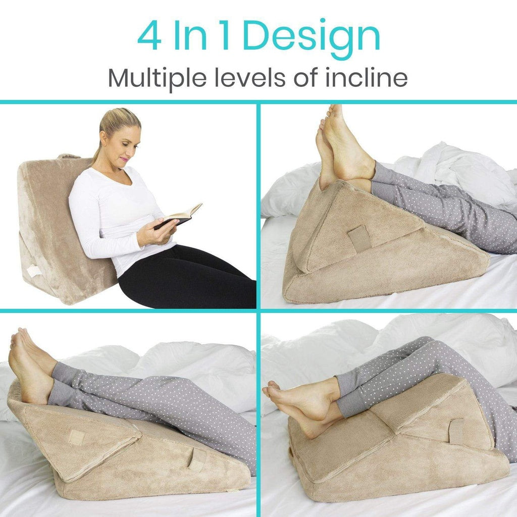 Beige wedge pillow with multiple uses on a white background