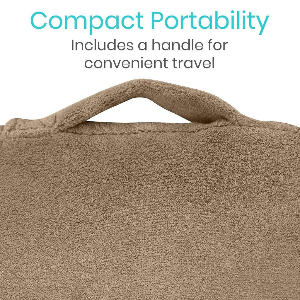 Brown towel with a handle on a white background, text 'Compact Portability Includes a handle for convenient travel'.
