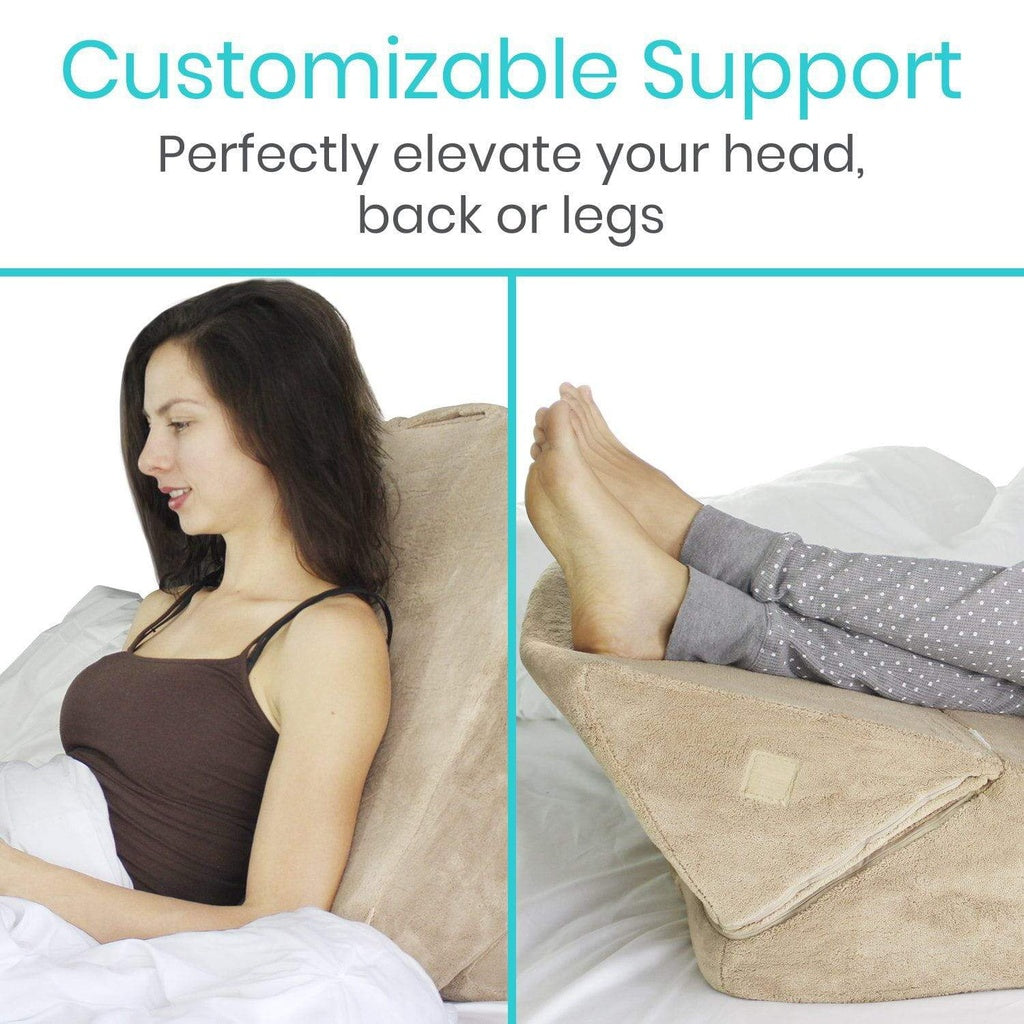 Woman using a wedge-shaped pillow for support, with text 'Customizable Support' and 'Perfectly elevate your head, back or legs'.