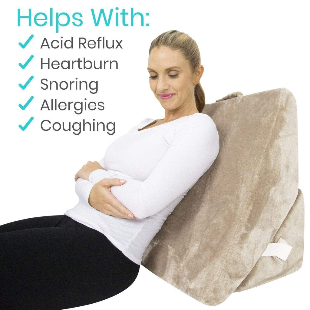 Woman using a wedge pillow with text highlighting its benefits on a white background