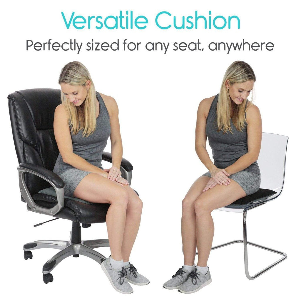 Woman sitting on a black office chair and a clear chair with text 'Versatile Cushion' above.