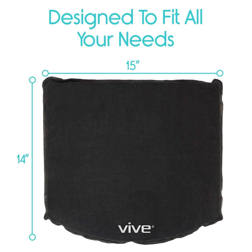 Black pillow with dimensions and 'Vive' branding on a white background