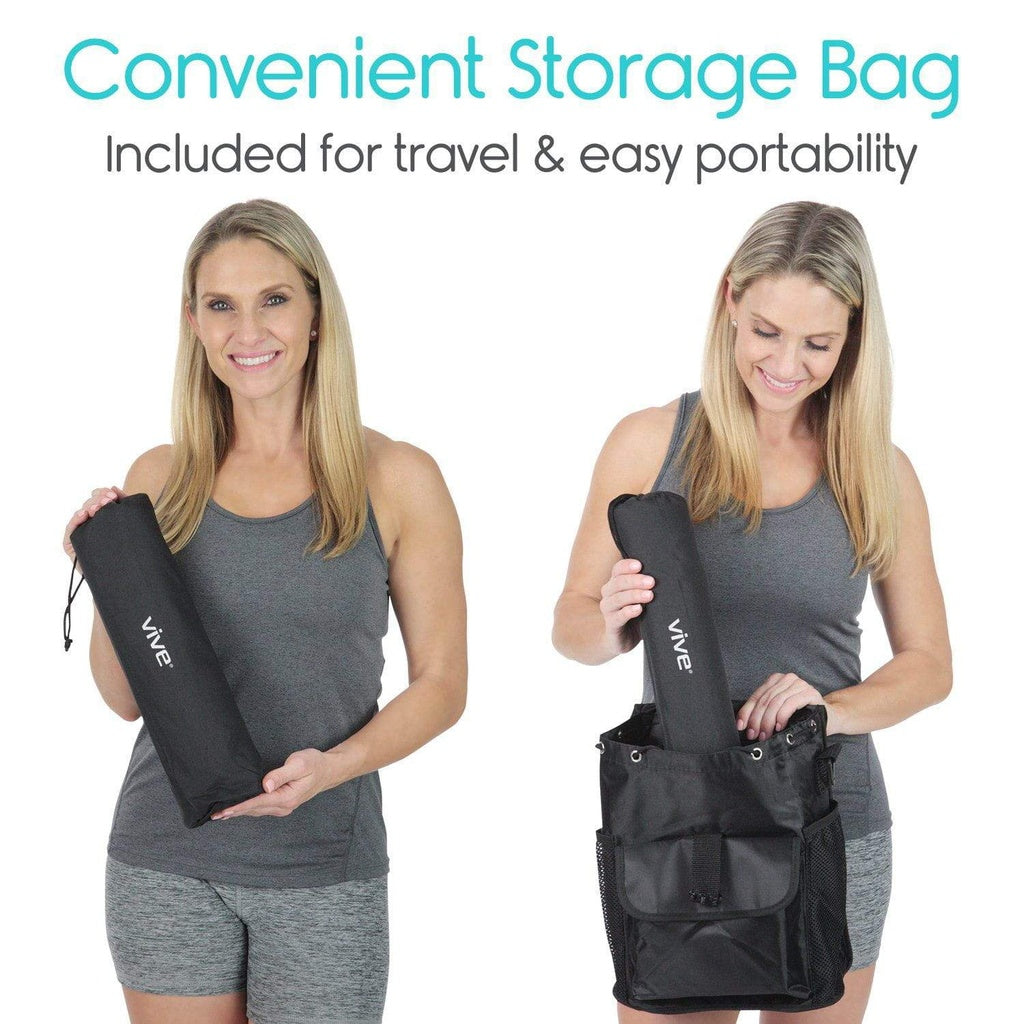 Woman holding a black storage bag with 'Vive' branding, emphasizing convenience for travel and portability.