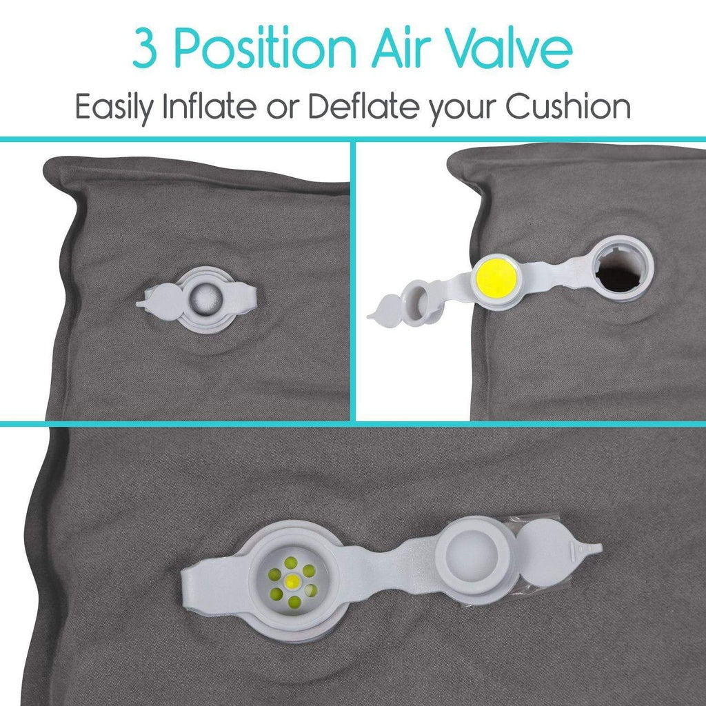 Inflatable cushion with a three-position air valve for easy inflation and deflation.